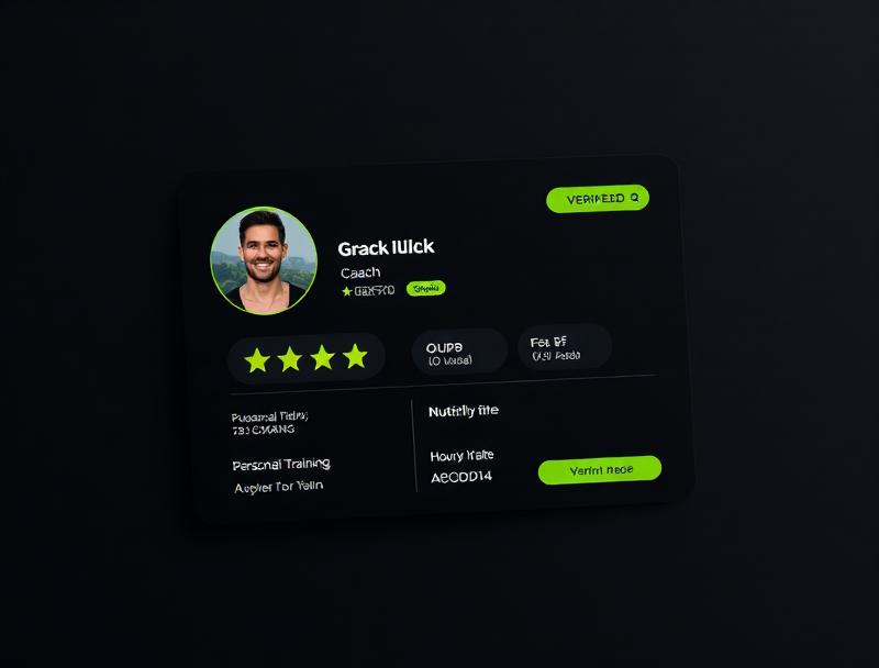 Coach card showing profile, name, rating, and details